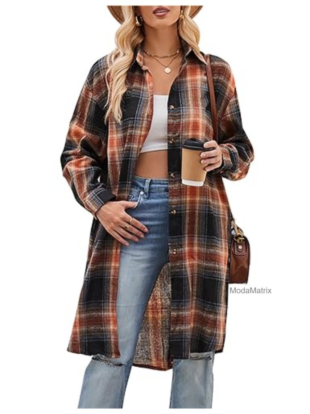 Long Flannel Plaid Shacket Wool Blend Button Down Casual Jacket